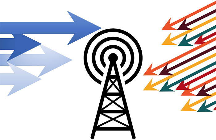 Illustration titled Crossroads of Conflict: blue arrows from one side and multicoloured arrows from the other converge on a radio tower emitting signal rings.