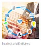 Buildings and End Users – ring of wireless connectivity icons over a building and tablet